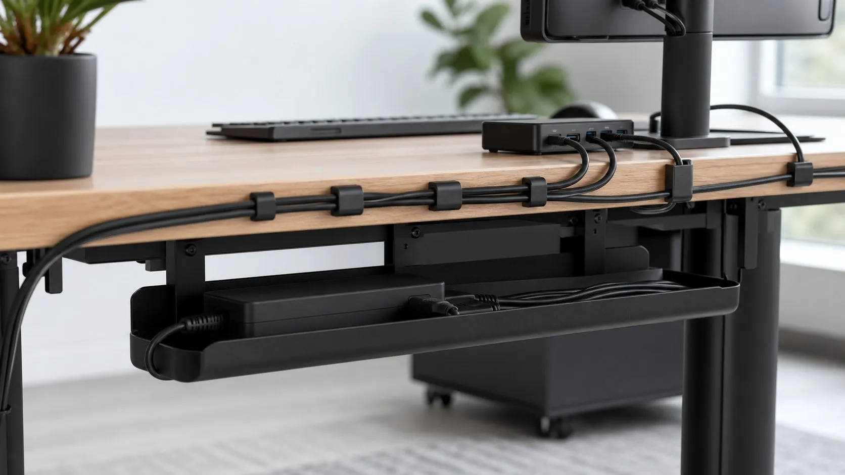 Cable management de escritorio con bandeja, clips y cables guiados de forma limpia